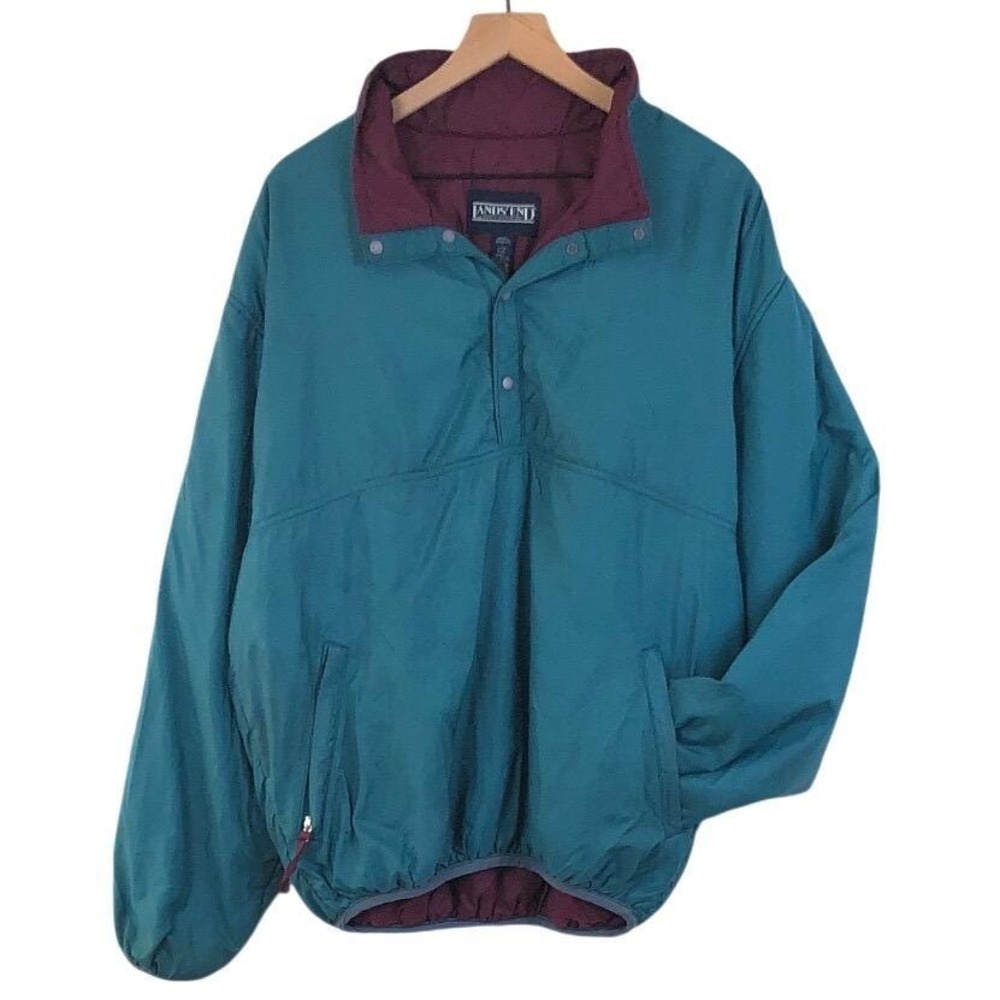 VTG Lands' End Pullover Anorak Jacket Unisex L Teal Purple Nylon Insulated USA‎